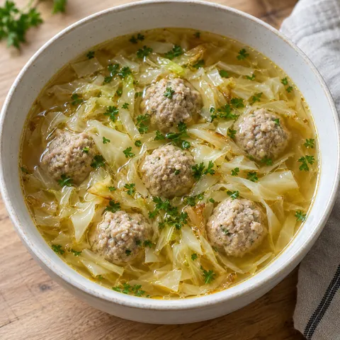 Vitkålssoppa med små frikadeller och persilja i en ljus keramikskål