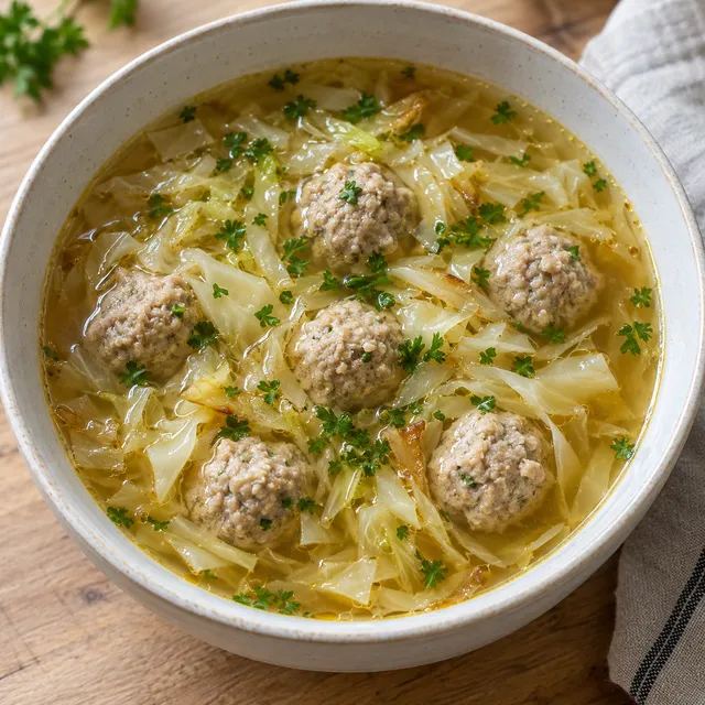 Vitkålssoppa med små frikadeller och persilja i en ljus keramikskål