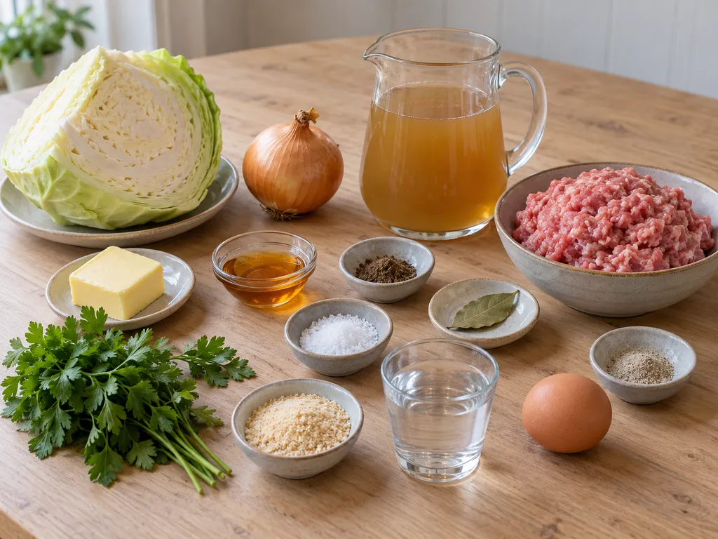 Vitkål, fläskfärs, ägg, ströbröd och kryddor till vitkålssoppa med frikadeller