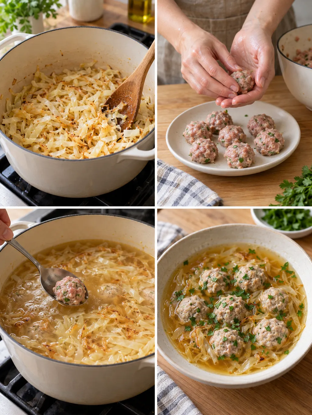 Kål bryns och frikadeller formas och sjuds före servering av den färdiga soppan