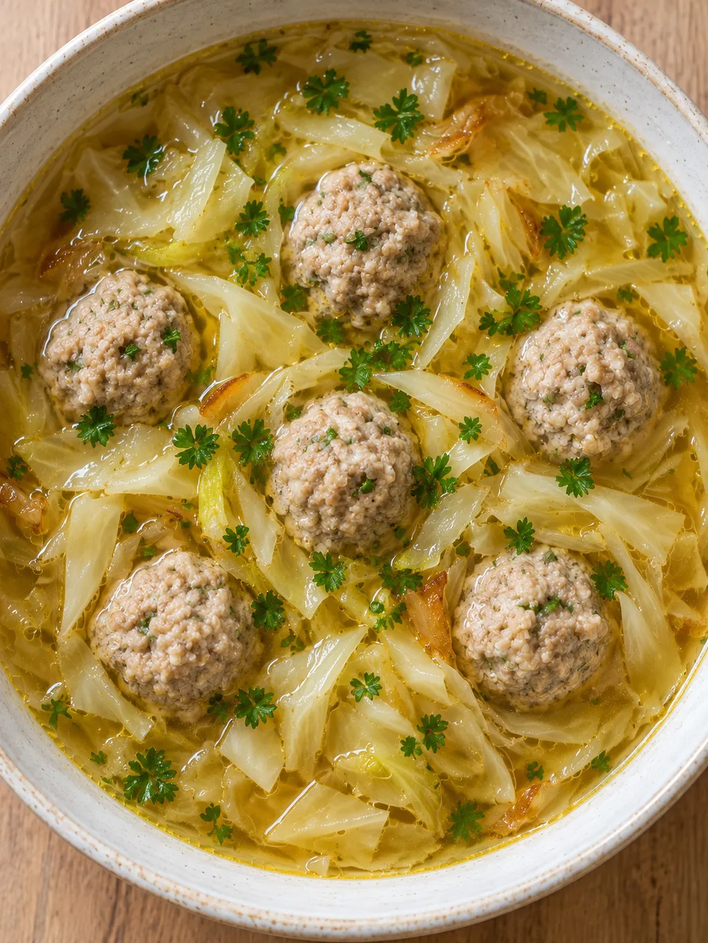 Vitkålssoppa med frikadeller, gyllene kålstrimlor och hackad persilja