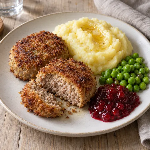 Wallenbergare med gyllene panering, potatismos, ärtor, lingonsylt och skirat smör