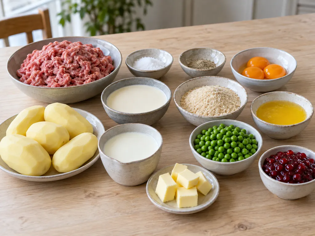 Kalvfärs, äggulor, grädde, ströbröd, potatis, smör, ärtor och lingonsylt