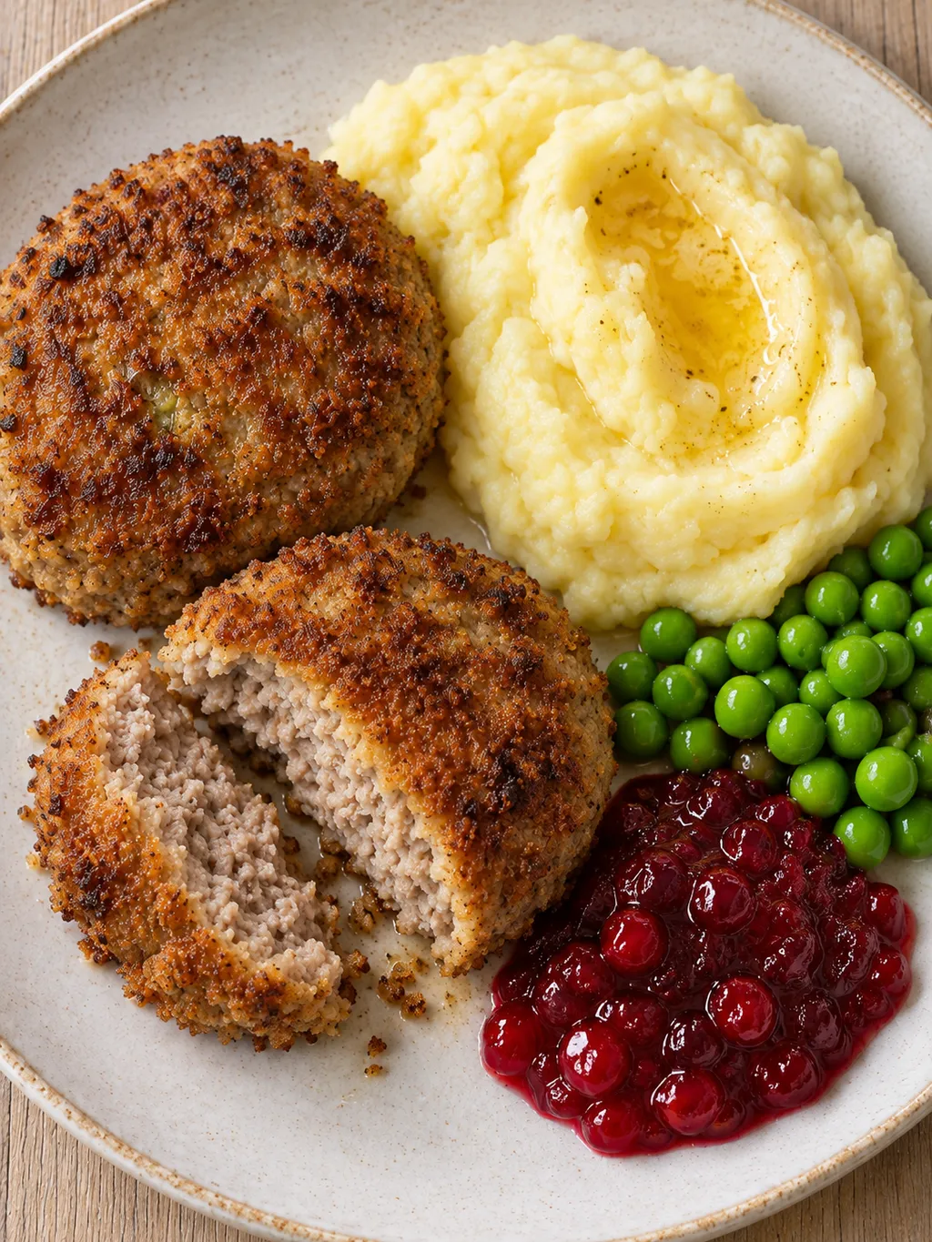 Wallenbergare med frasig yta, smörigt potatismos, gröna ärtor och röda lingon