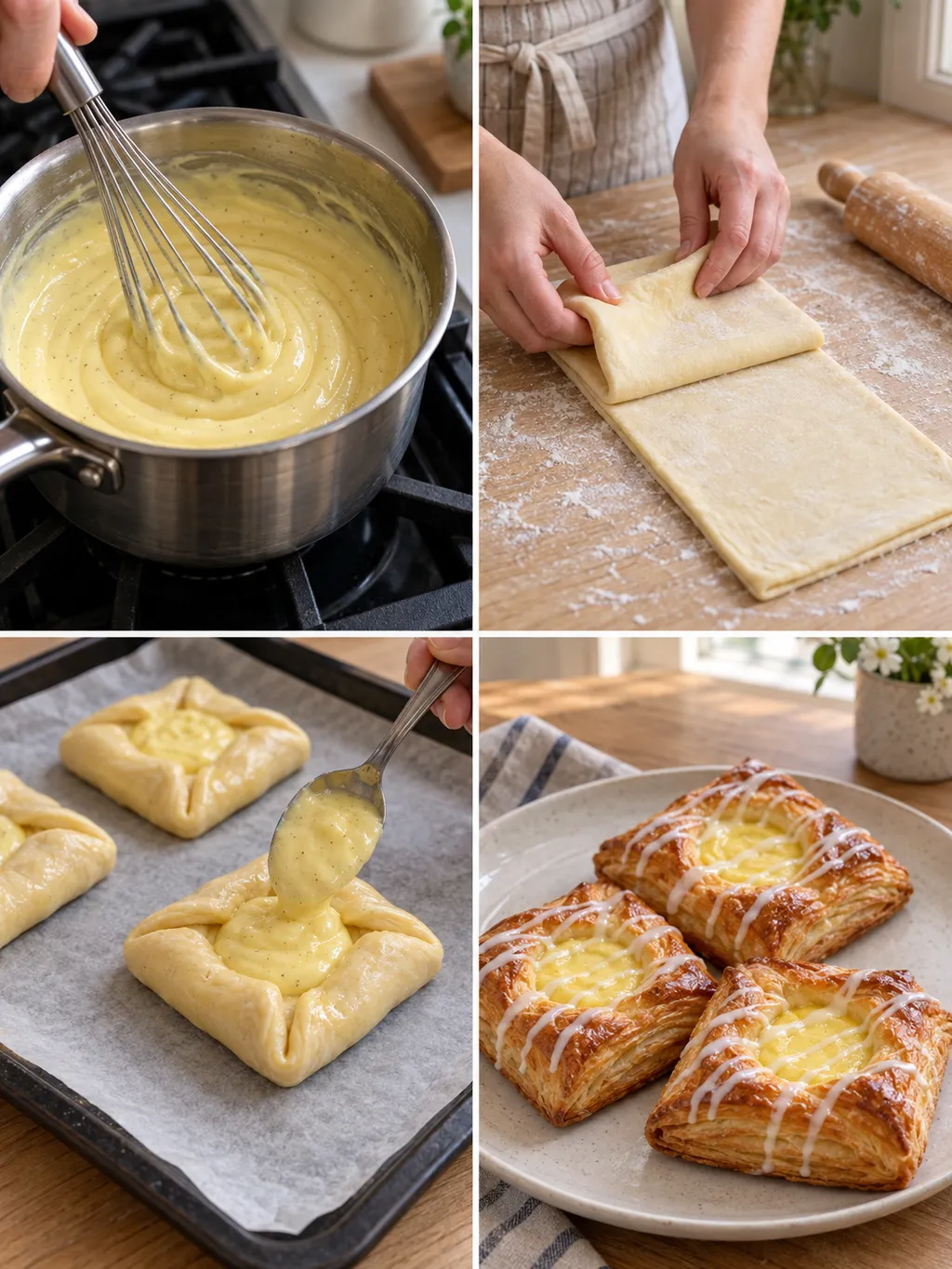 Vaniljkräm kokas, degen viks och wienerbröd fylls och serveras med glasyr